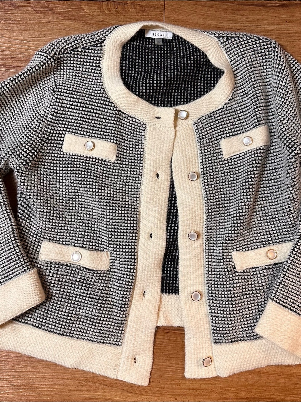 Sioni Black & Cream Textured Knit Cardigan
